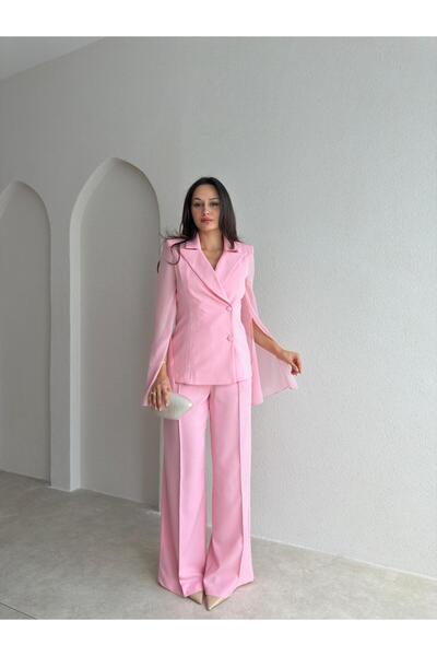 Mooi Butik LİAM Tül Kol Detaylı Takım 4184 - Pembe
