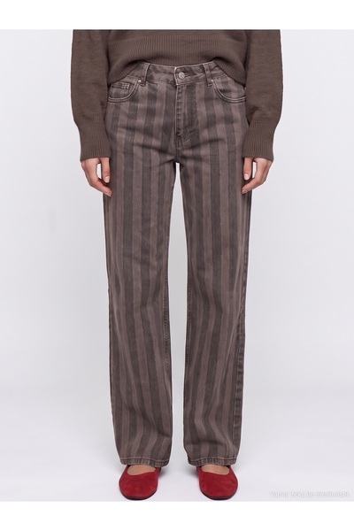 Dilvin 72371 100% Cotton Striped Wide Leg Jeans-Brown