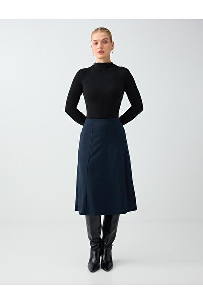 Jimmy Key Navy Blue Midi Knitted Skirt with Stitching Detail and Elastic Waist