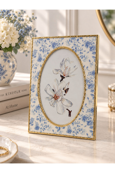 Eq deco Blue Blossom Gold Fotoğraf Çerçevesi 10x15 cm Oval Vintage Dekoratif ...