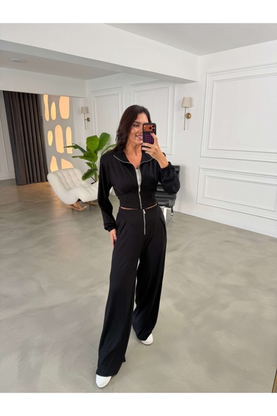 Elif Özbey Butik Black Ribbed Waist Zipper Suit