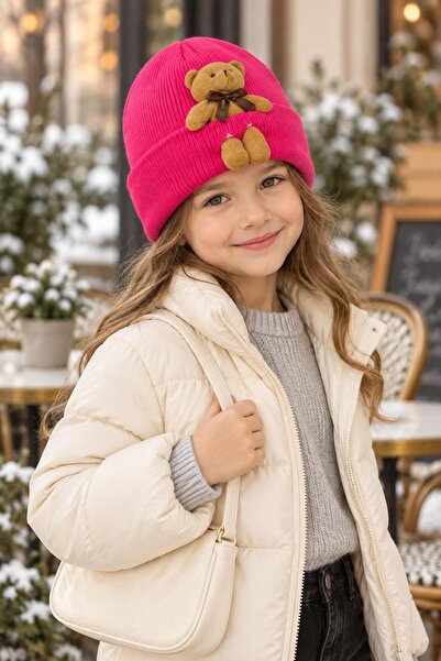 Wearflawless Children's Ribbed Folded Beanie with Teddy Bear, Warm Winter Uni...
