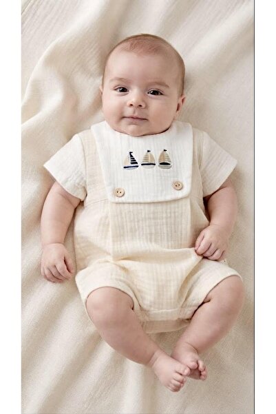 Sinem Çeyiz Million Iq Babies 1202 Cream Ship Embroidered Muslin Jumpsuit