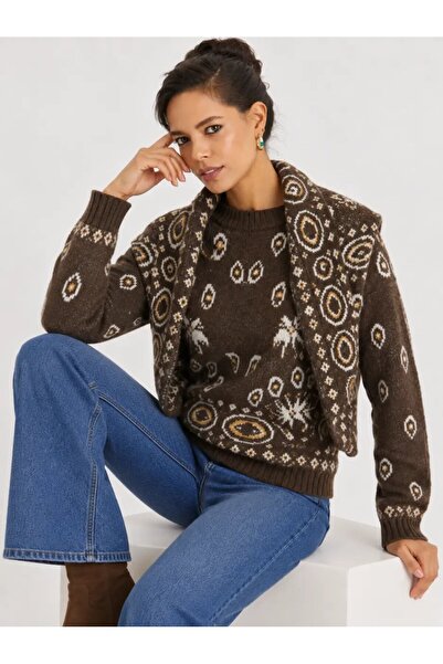 Cool & Sexy Women's Brown Ethnic Patterned Shawl Detailed Long Sleeve Knitwea...