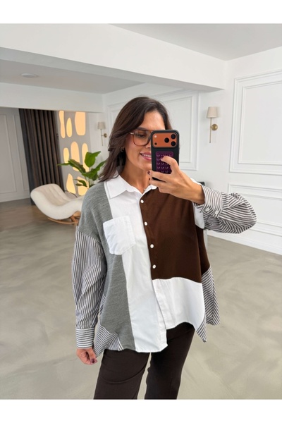 Elif Özbey Butik Kahverengi Kolları Çizgili Tasarım Gömlek