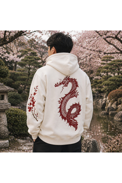 Podyem Sakura Dragon Nakışlı Hoodie - Relaxed Fit