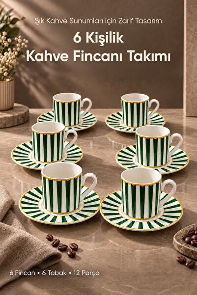 Vienev 6 Kişilik Yeşil Çizgili Porselen Kahve Fincanı Takımı 12 Parça Altın Y...