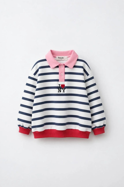 Kidmark Çocuk Modası Girl's Striped Ny Printed 100% Cotton Sweatshirt