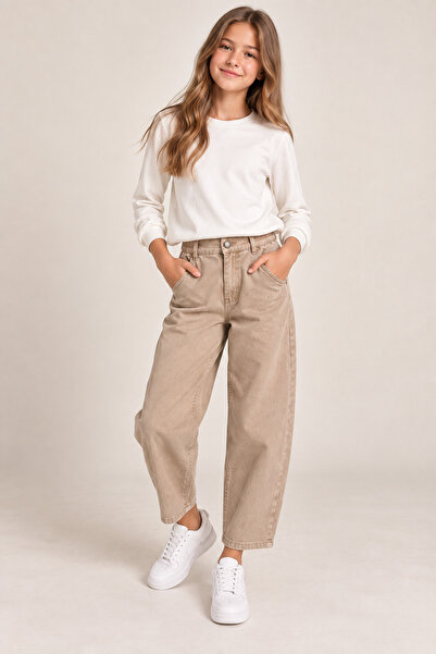 LOCO بنطلون جاباردين بيج للفتيات من 09-15 سنة - بيج