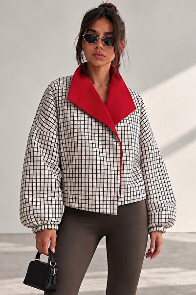 Trendsensin Lorven Kadın Oversize Ekose Ceket Kırmızı Yaka Balon Kol