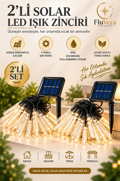 FluVera 2'Lİ 20W Solar LED Işık Zinciri 5 Metre 7 Mod 3200K Gün Işığı IP65 Ba...
