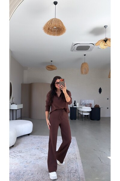 Buket Teke Brown Zippered Ribbed Top and Bottom Set