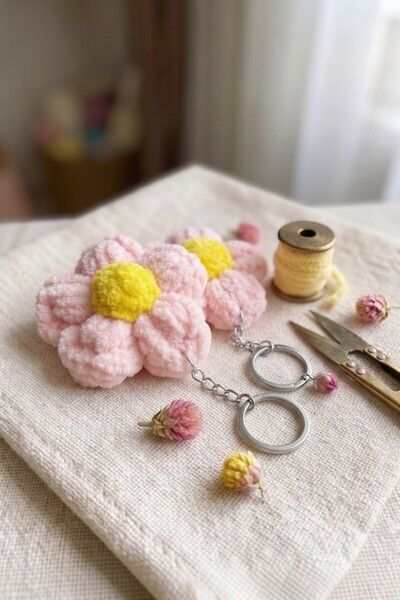 Lorivelle Set of 2 Hand Knitted Fluffy Flower Bag Ornaments and Keychains - M...