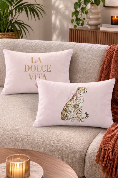 Home La Dolce Vita Yazılı ve Kurdeleli Leopar Figürlü Dekoratif Kırlent Kılıf...