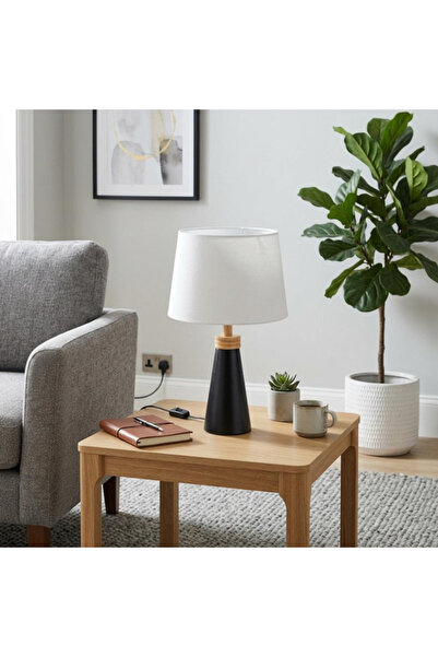 BEC13 Modern Table Lamp with Conical Base and Wood Accents