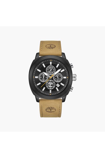 Timberland ساعة كرونوغراف كوارتز للرجال من SMU بقرص أسود وحزام جلدي بلون بني ...