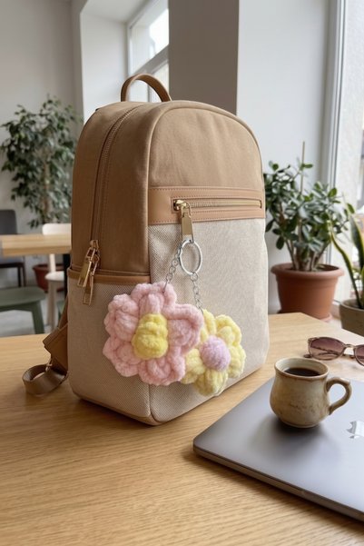 Lorivelle Set of 2 Hand Knitted Fluffy Flower Bag Ornaments and Keychains - M...