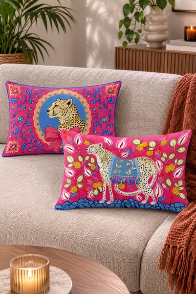 Home Leopar Figürlü Çiçek ve Fiyonk Desenli Dekoratif Kırlent Kılıfı - 2'li D...