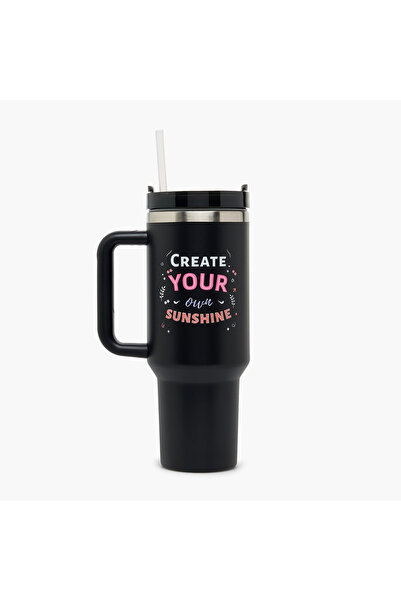 Lifestyle Slogan Print Double Wall Stainless Steel Tumbler with Straw