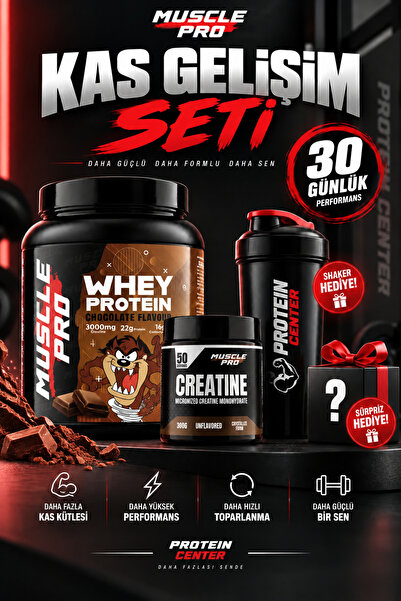Muscle Pro Kas Gelişim Seti (Whey Protein 1 Kg Çikolata Aromalı) + (Creatine 250 Gr Saf Aromasız) + (SHAKER VE SÜRPRİZ HEDİYELER)