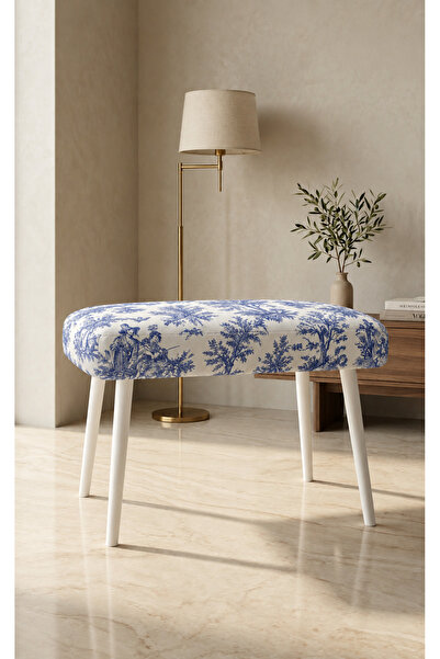 Zelda Fransız Country Desenli Puf Bench – 60x35 cm Konik Ahşap Ayaklı Dekorat...