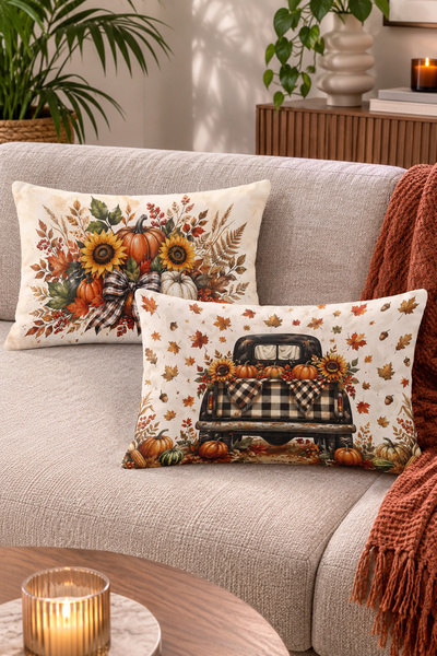 Home Sonbahar Kabak, Ayçiçeği ve Vintage Kamyonet Desenli Dekoratif Kırlent K...