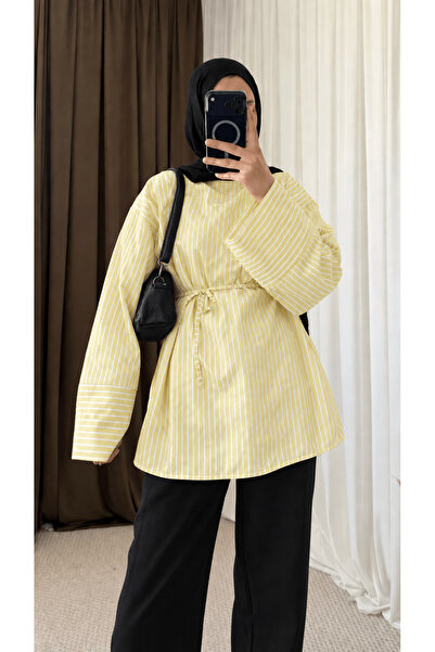 Hepsi Moda Biye Kemerli Oversize Çizgili Gömlek - Sarı