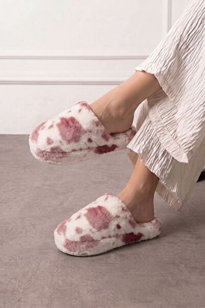 FUGA MODA Moofy Burgundy Spotted White Plush Women's Winter House Slippers