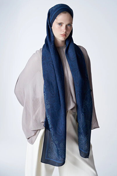 ED Scarf Motif Desen Floş Viskon Şal - Lacivert