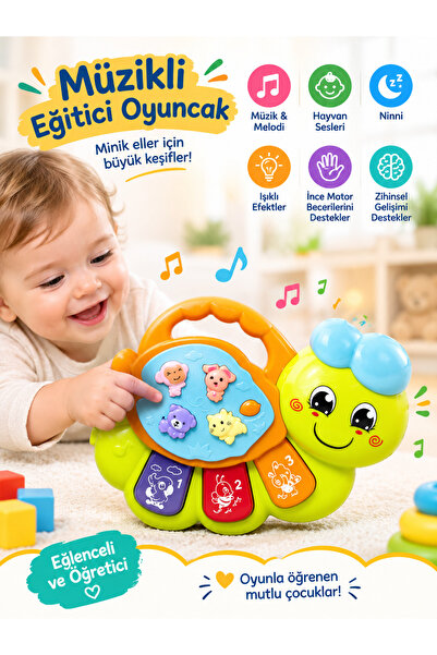 BALUMİ Solucan Bebek Piyanosu Işıklı Müzikli Eğitici Oyuncak 3 Fonksiyonlu Ha...