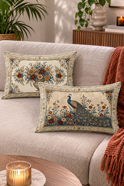 Home Tavuskuşu ve Çiçek Desenli Vintage Dekoratif Kırlent Kılıfı - 2'li Dikdö...