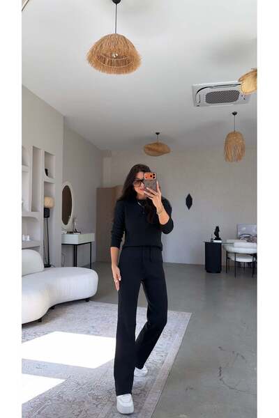 Buket Teke Black Crew Neck Ribbed Top and Bottom Set