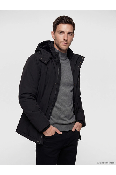 LC Waikiki Classic Black Regular Fit Hooded Men's Coat W6Au96E8