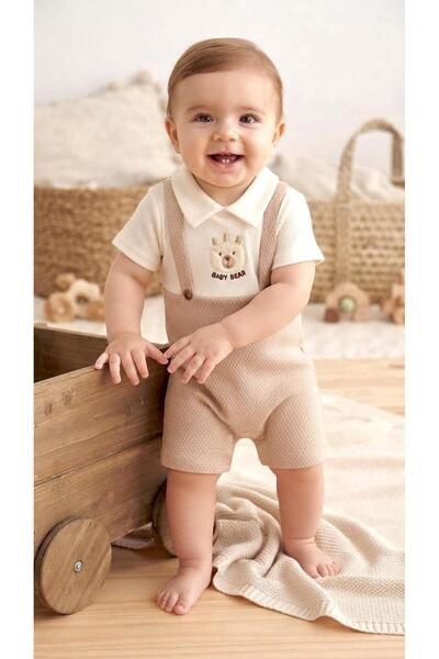 Sinem Çeyiz Million Iq Babies 1053 Cream Brown Teddy Bear Half Sleeve Jumpsuit