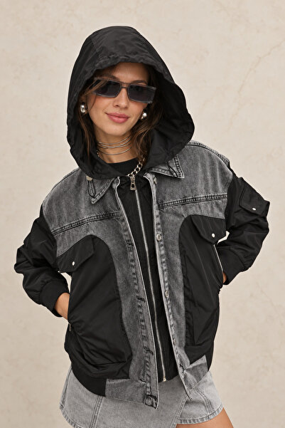 FAVORİST Women's Pilot Denim Raincoat Hooded Jacket Vt-2764