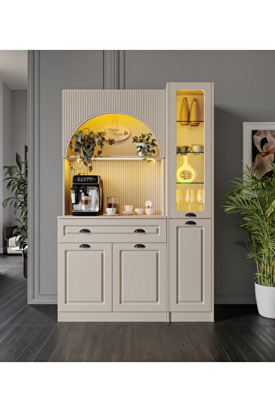 GuneyStore Siena Kum Beji Midi Sağ Vitrinli 130 cm Komple MDF LED Aydınlatmal...