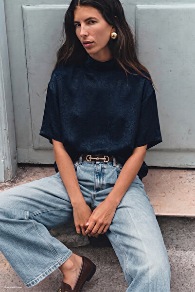 Sateen Bat Sleeve Blouse - Navy Blue
