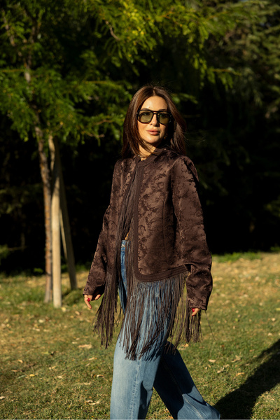 Özge Özgenç Premium Kendinden Desenli Püsküllü Ceket