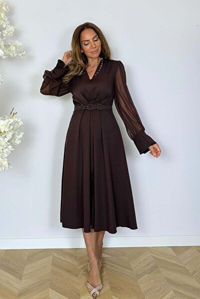 gesmoda G1973 Şifon Kol Drape Detaylı Elbise Kahverengi