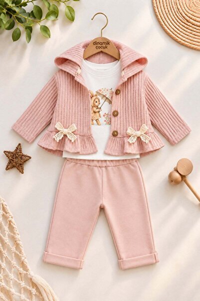 dinamik çocuk Baby Girl Hooded Ruffle Lace Bow Jacket T-Shirt Pants 3-Piece S...