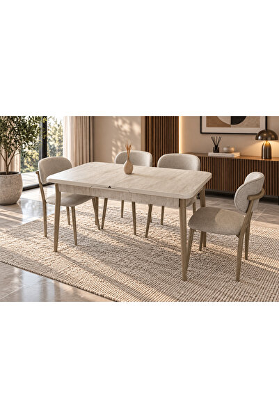 RUHAT METAL TRAVERTEN Açılır MDF Yemek Masası Takımı