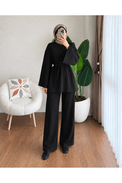 Hepsi Moda Biye Kemerli Yırtmaçlı Scuba Pantolonlu Takım - Siyah