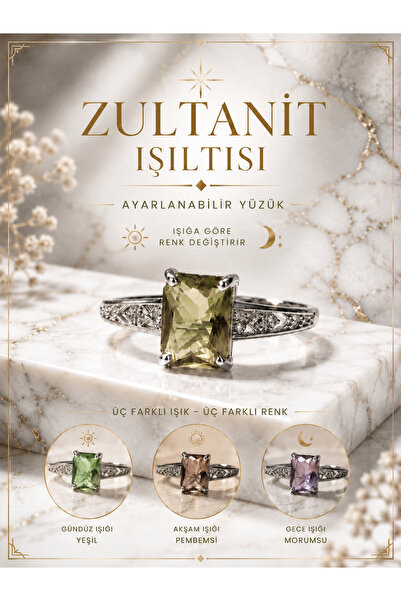 Yudi Atelier 925 Ayar Gümüş Zultanit Işıltılı Renk Değiştiren Yüzük – Dikdört...