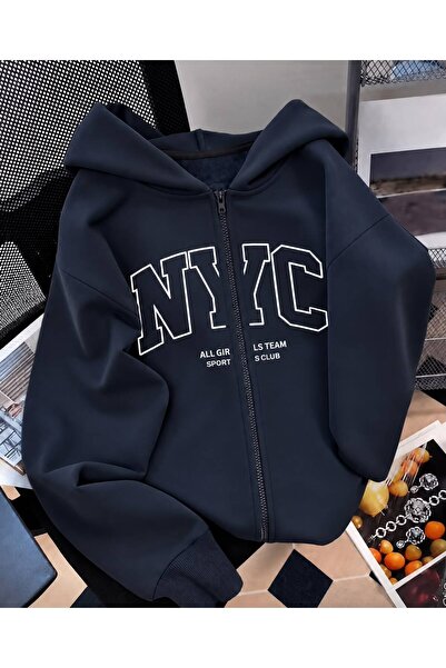 MORNİNG KİDS Girl's Navy Blue Nyc Printed Hooded Zippered Cardigan