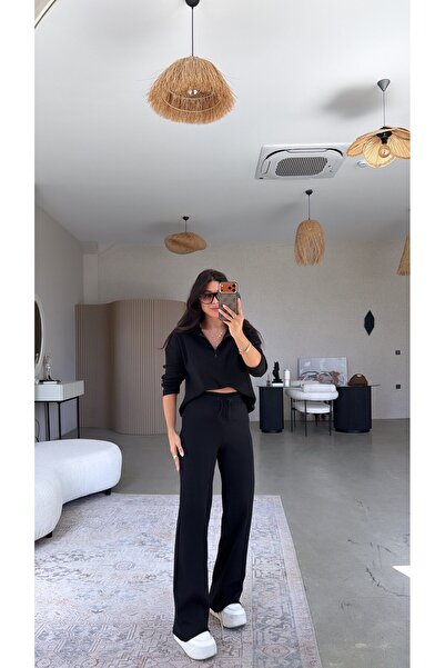 Buket Teke Black Zippered Ribbed Top and Bottom Set
