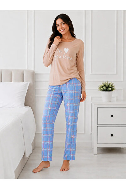 Serena Pijama de damă pastel cu bluză și pantaloni în carouri-Bej