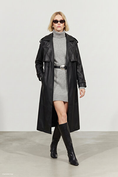 Sateen Long Leather Trench - Black