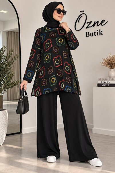 ÖZNE BUTİK بدلة قطنية ممشطة منقوشة بمقاس كبير وقصة على شكل حرف A مع فتحة جانبية