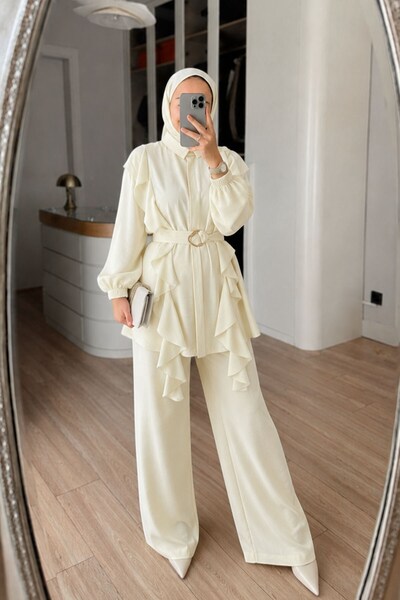 Ka Hijab Ruffle Detailed Belted Suit - Yellow