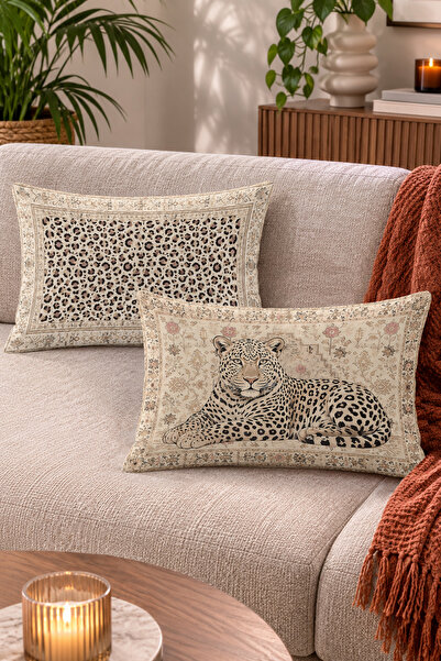 Home Leopar Figürlü ve Leopar Desenli Dekoratif Kırlent Kılıfı - 2'li Dikdört...
